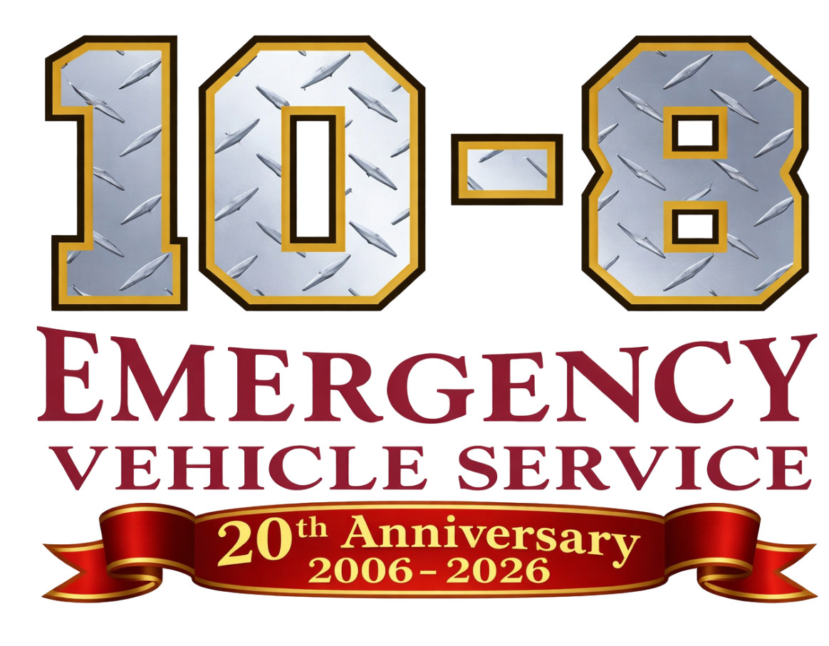 10-8 Emergency Vehicle Service 20th Anniversary 2006–2026 logo with metallic and red design.