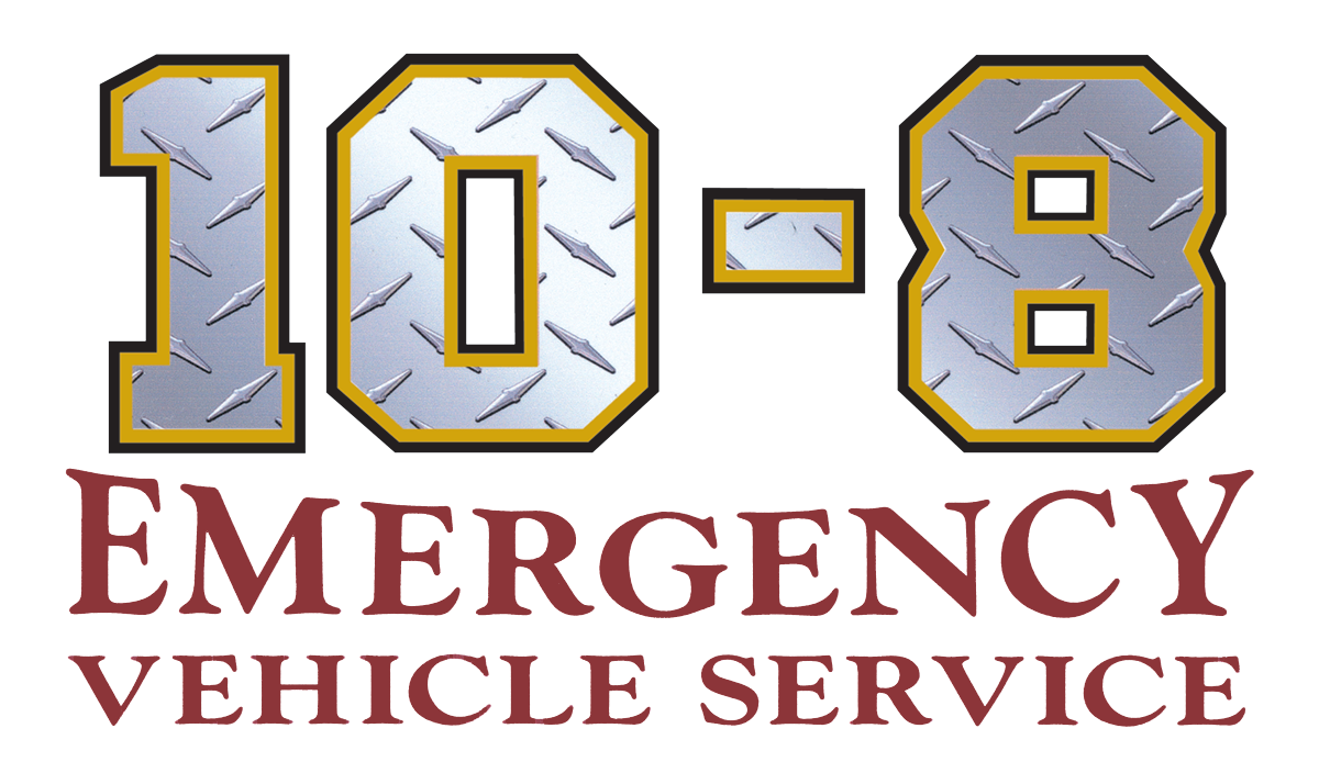 The image shows "10-8" in large, metallic, diamond-plate patterned letters. Below, in maroon text, it reads "EMERGENCY VEHICLE SERVICE.
