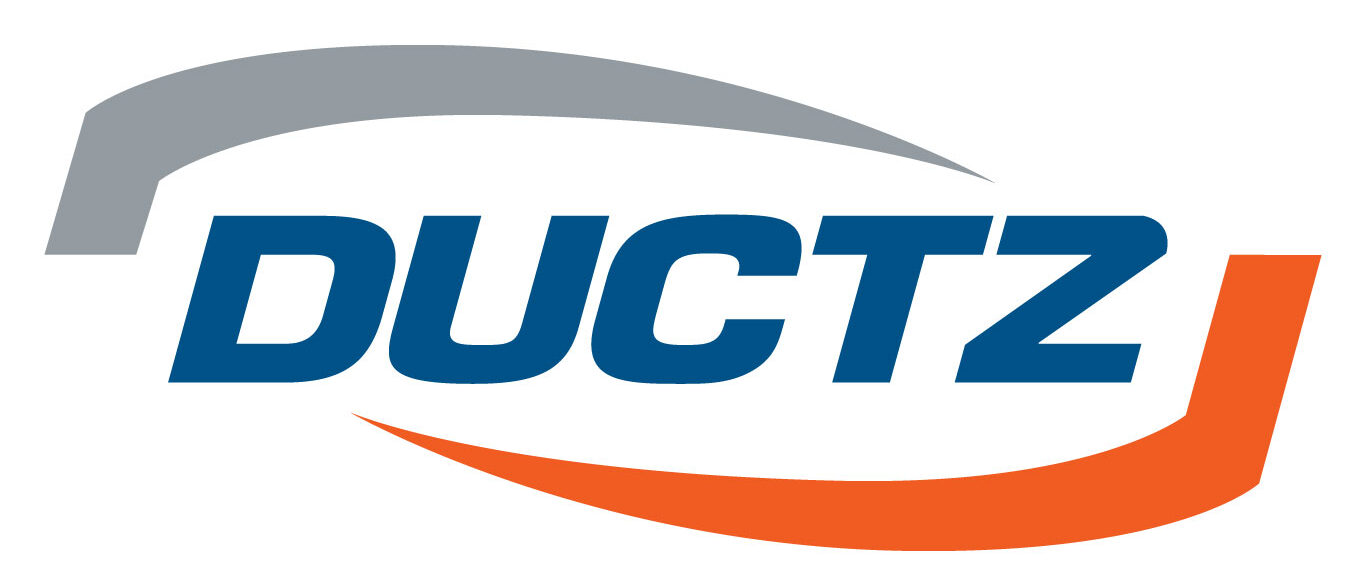 DUCTZ logo with blue text, a gray curved line above, and an orange curved line below.