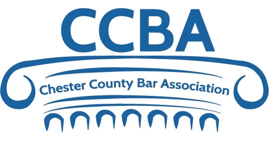 Logo for the Chester County Bar Association featuring the large letters "CCBA" above a stylized blue column base, with "Chester County Bar Association" written in blue text below.