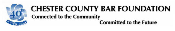 Logo for the Chester County Bar Foundation featuring a blue emblem for the 40th Anniversary, with the text "Connected to the Community, Committed to the Future.