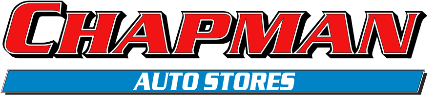 Logo for Chapman Auto Stores. "CHAPMAN" is in large, bold red letters with a black outline, and below it, "AUTO STORES" appears in white text on a blue rectangular background.