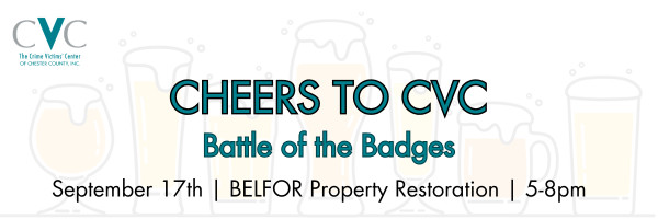 Banner with beer glasses, text: CHEERS TO CVC Battle of the Badges, September 17th, 5–8pm, BELFOR Property Restoration.