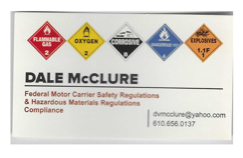 Business card with hazmat icons, Dale McClures name, contact info, and safety regulation details.