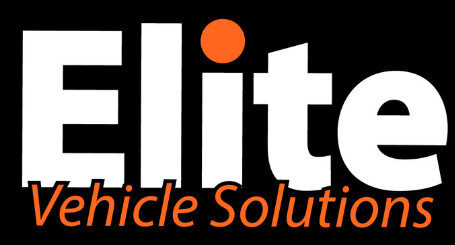 Logo with the word "Elite" in large white letters, the dot on the "i" is orange. Below, "Vehicle Solutions" is written in smaller, orange text on a black background.