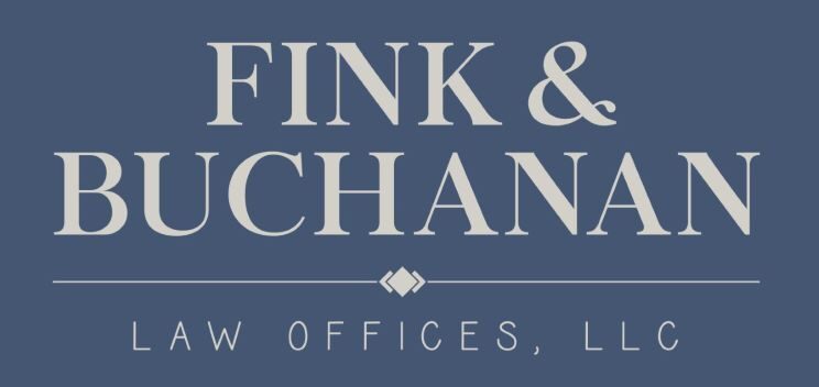 Logo with white text on a blue background reading “Fink & Buchanan” above a decorative line, and below it says “Law Offices, LLC.”.