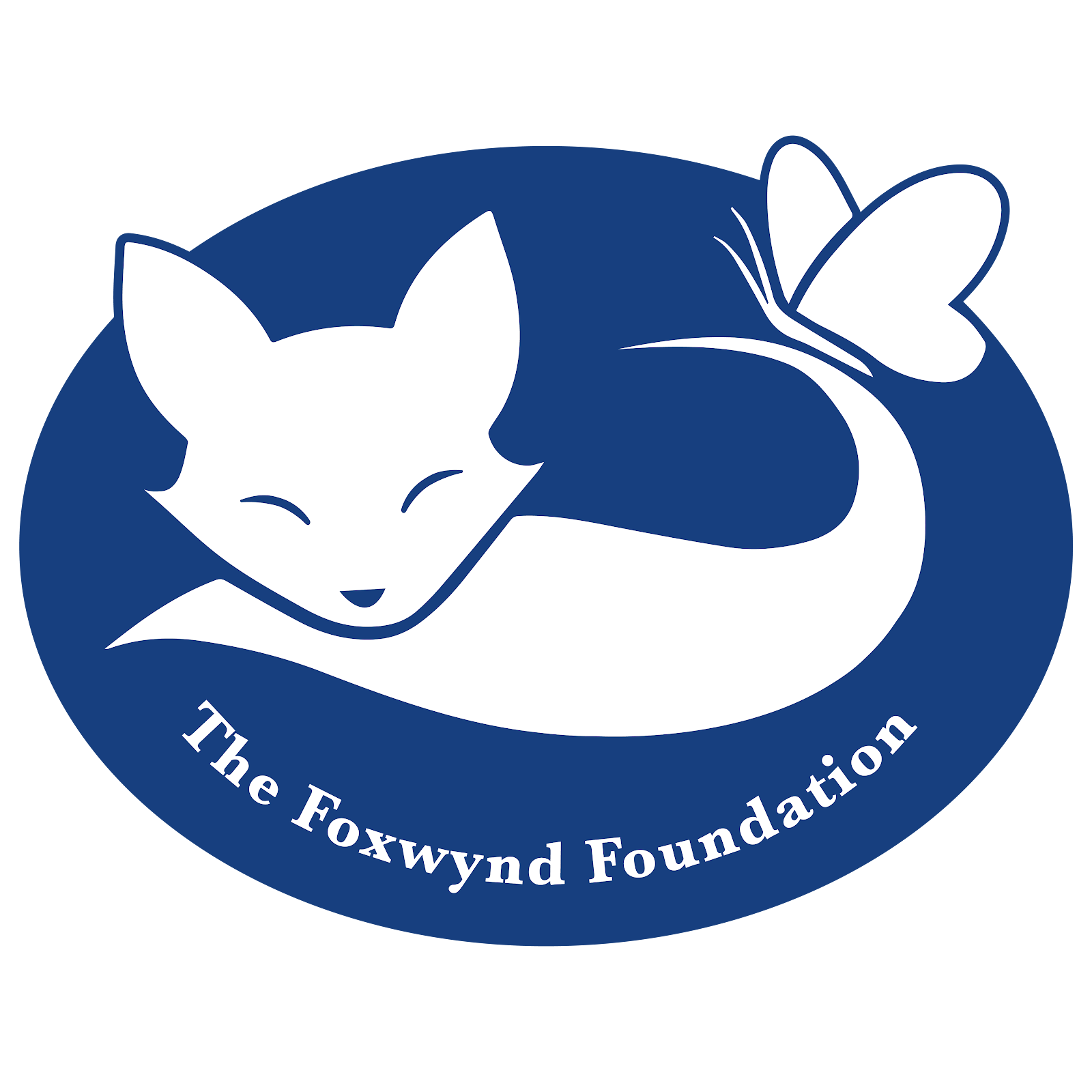 White fox with a butterfly tail on a blue oval, with text The Foxwynd Foundation below the image.