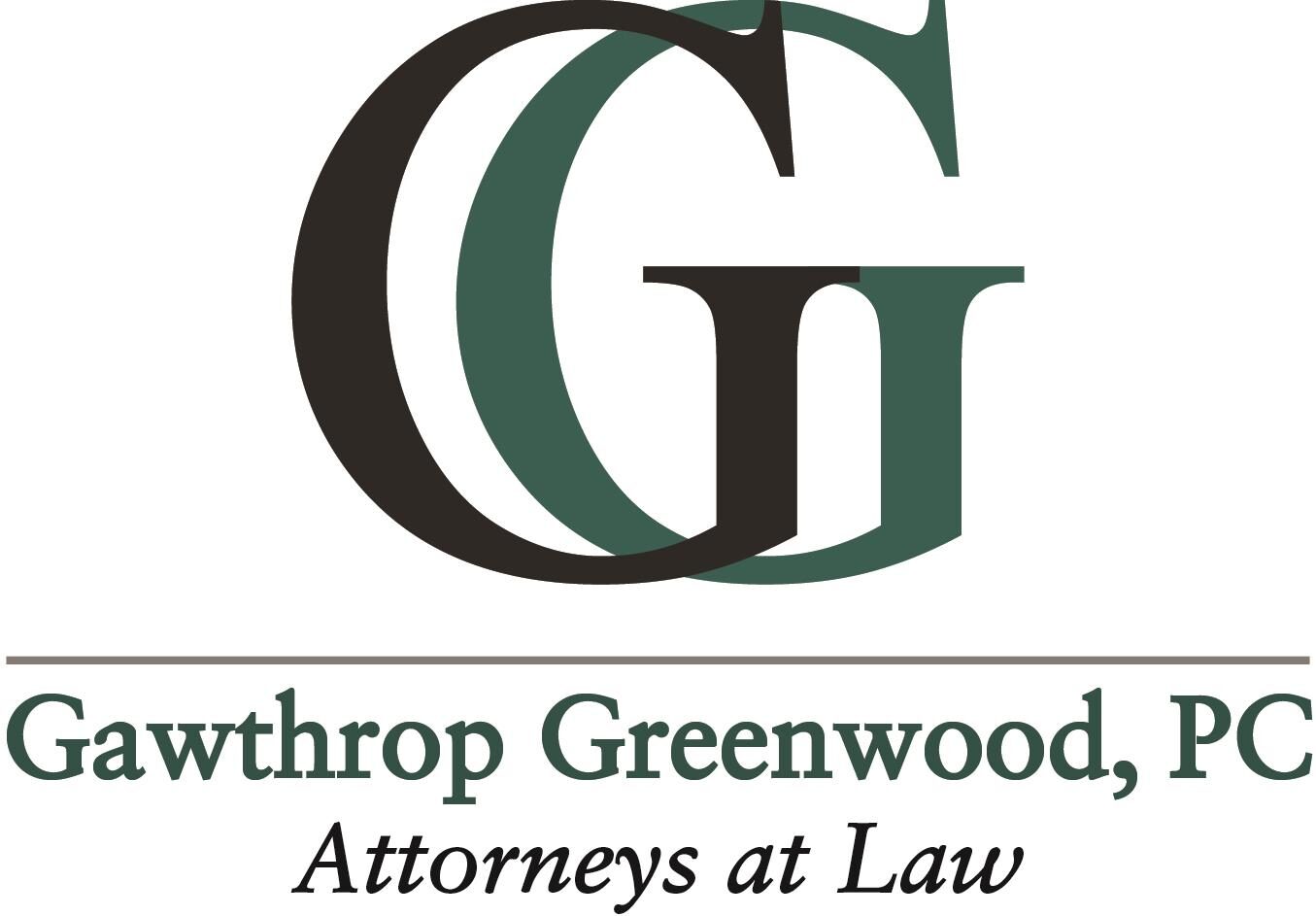 Logo for Gawthrop Greenwood, PC Attorneys at Law, featuring large overlapping letters "G" in dark green and black, with the firm’s name and “Attorneys at Law” written below.