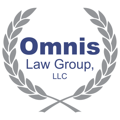 Gray laurel wreath surrounds blue text reading Omnis Law Group, LLC on a light background.