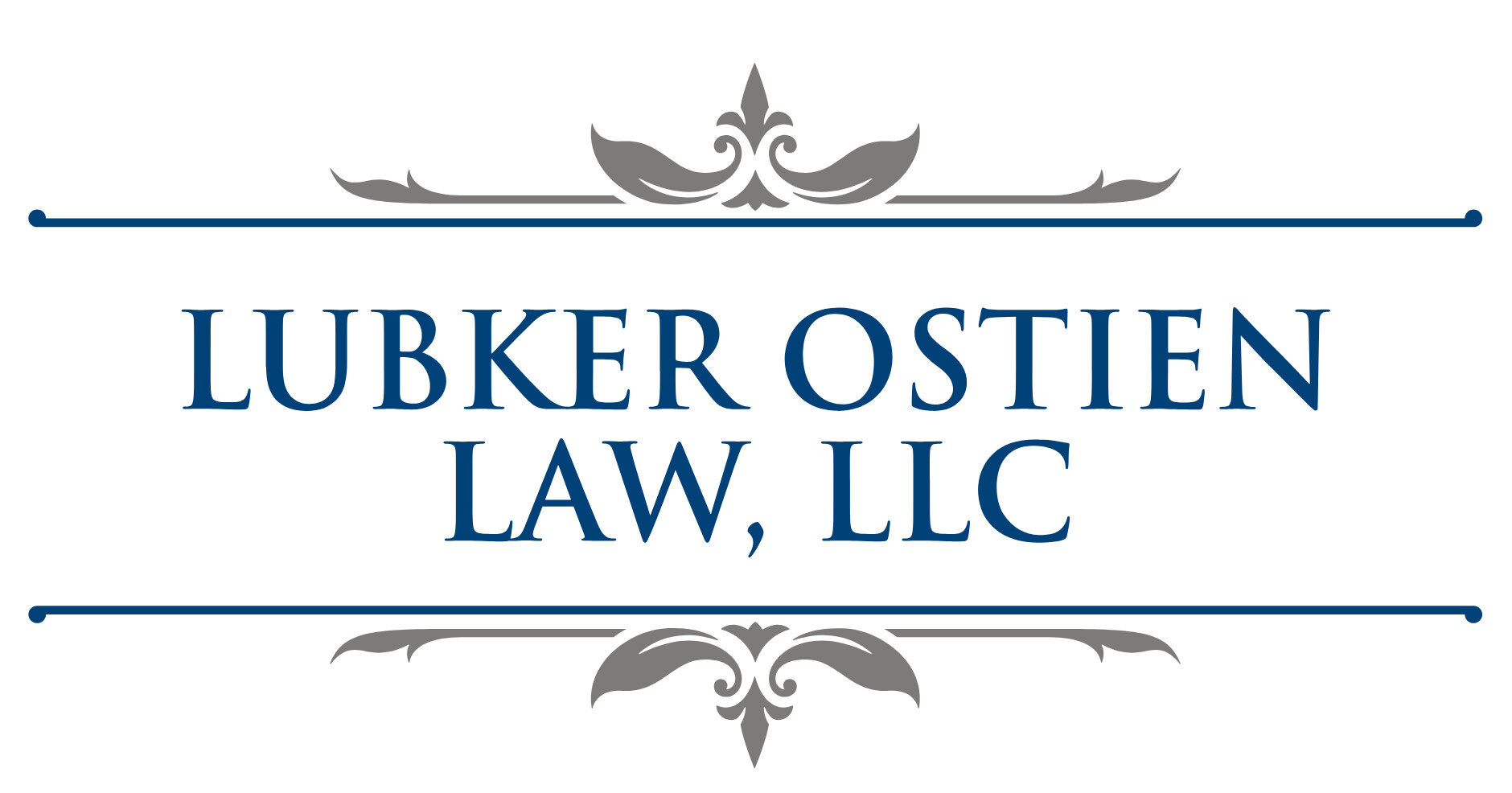 Lubker Ostien Law, LLC logo with blue text, decorative gray flourishes above and below, and thin horizontal lines framing the law firm’s name.