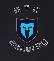 A blue shield with a stylized helmet and the text RTC Security on a dark background.