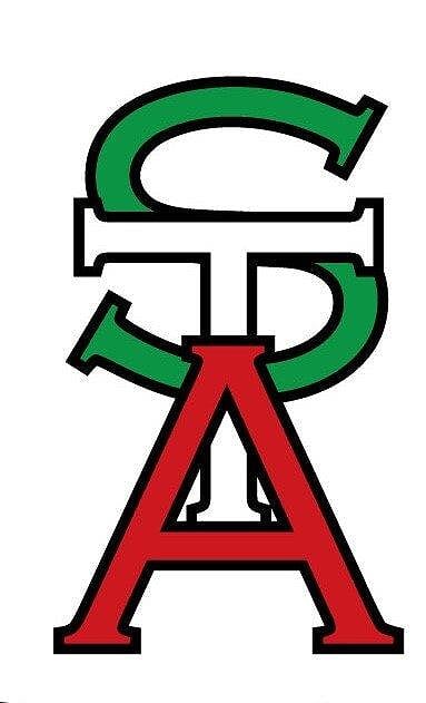 Large stacked letters S (green), T (white), and A (red) overlapped on a white background.