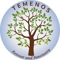 A circular logo with a leafy tree in the center. The word "TEMENOS" is at the top, and "Retreat and Sanctuary" curves along the bottom, all on a light blue background.