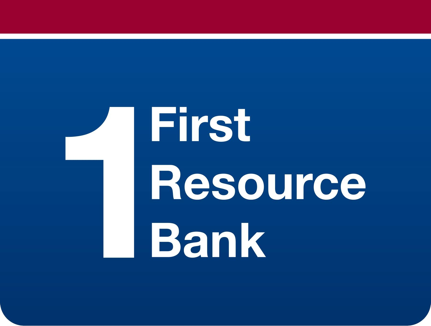 White text 1 First Resource Bank on a blue background with a maroon stripe at the top.