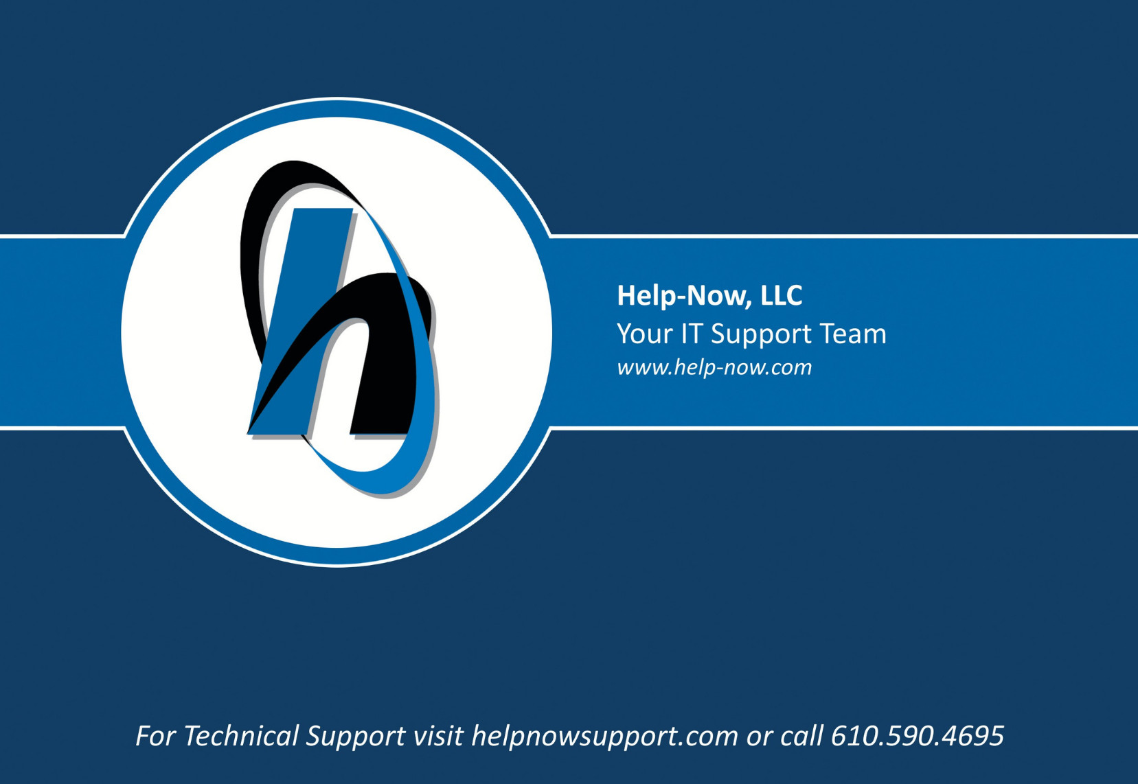 Blue Help-Now, LLC IT support logo with website and support contact information on a blue background.