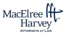 Logo of MacElree Harvey, Attorneys at Law, with the firm name in blue text and stylized initials "MH" above the tagline “Attorneys at Law.”.