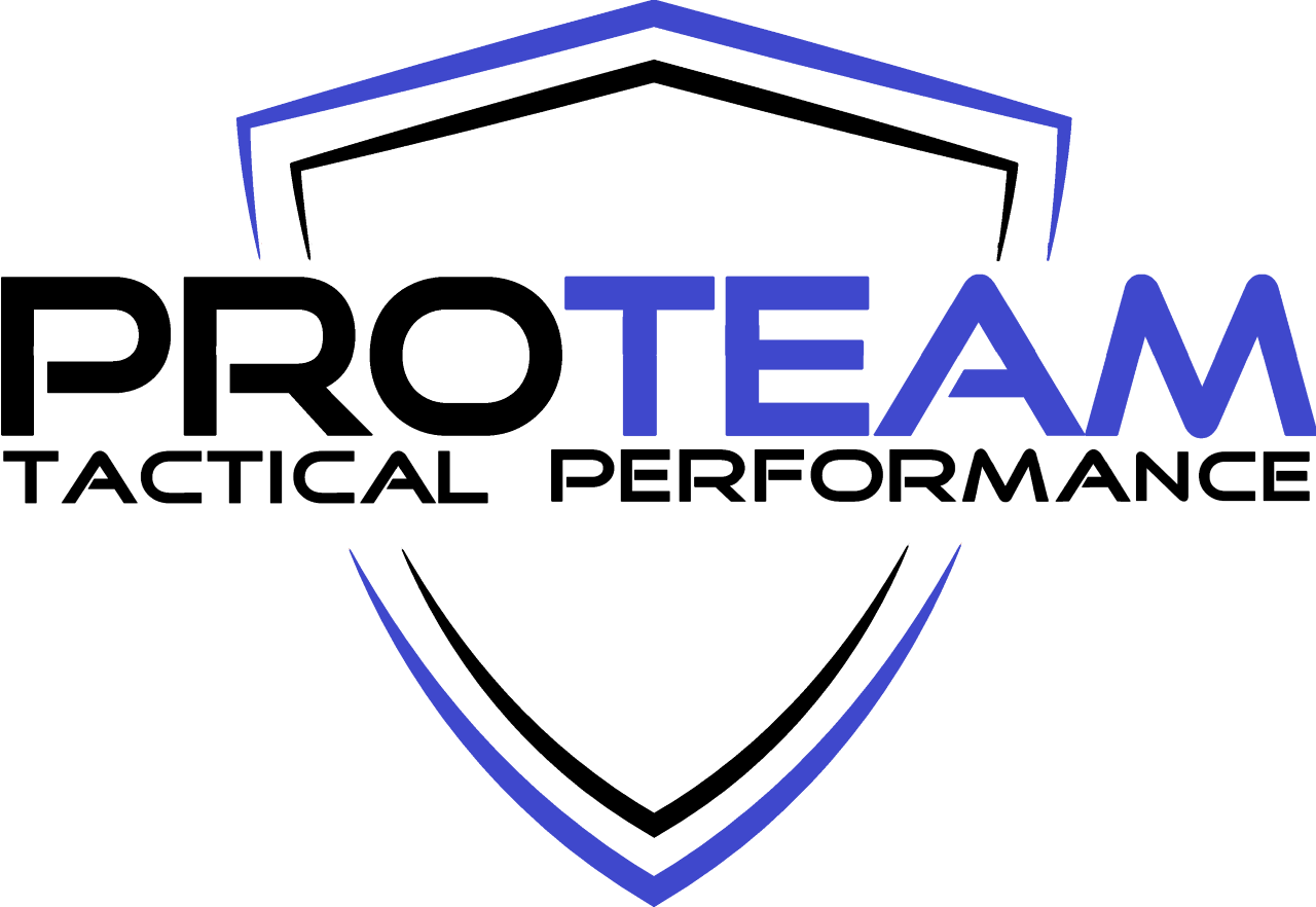 Logo for "Pro Team Tactical Performance" with "PRO" in black, "TEAM" and outer shield outline in blue, and "TACTICAL PERFORMANCE" below in black, all over a stylized shield background.