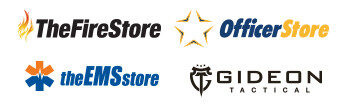Four logos: TheFireStore with a flame, OfficerStore with a star, theEMSstore with an orange and blue medical cross, and GIDEON TACTICAL with a stylized shield and helmet icon.